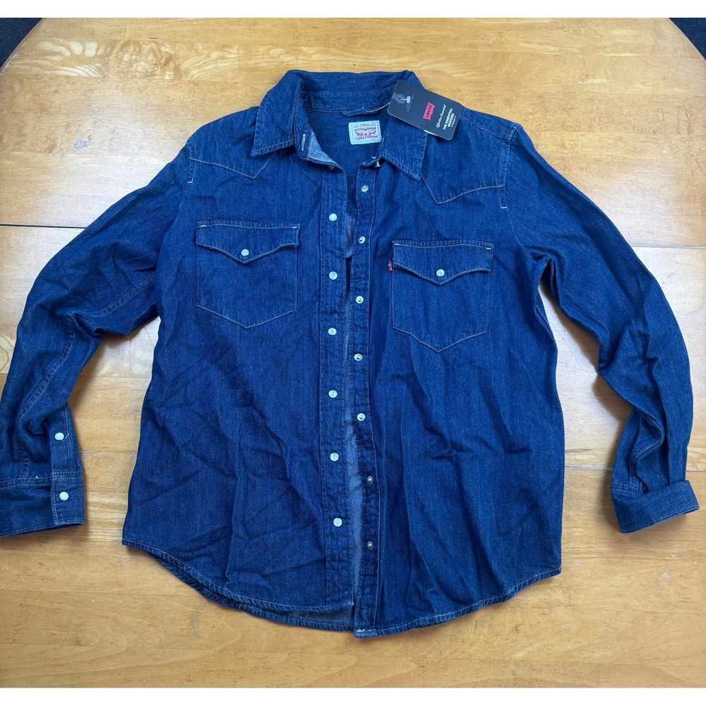 Levis Essential Western Denim Shirt Dark Wash Blue Pearl Snap Long Sleeve Small - Picture 1 of 5